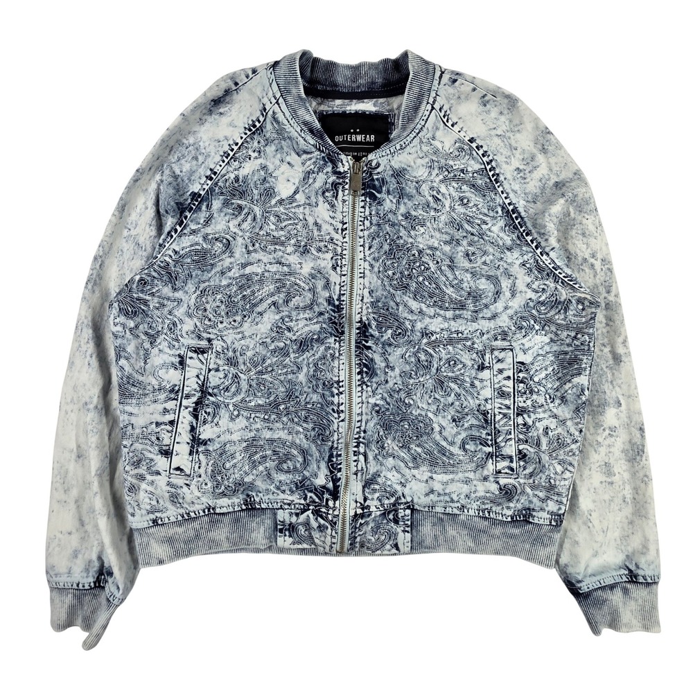 Outerwear Cotton On Acid Wash Paisley Denim Bomber Jacket Blue White Size US 8